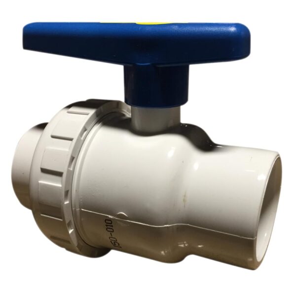 A white ball valve with blue handle and cap.