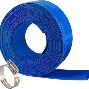 A blue hose with a metal clamp on it.