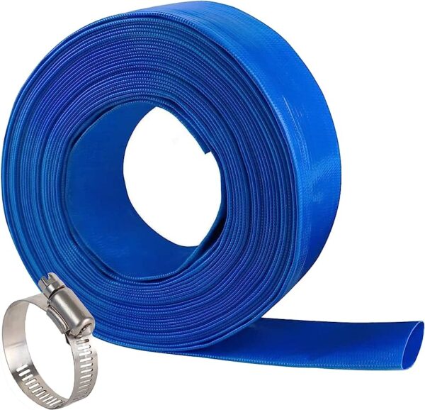 A blue hose with a metal clamp on it.