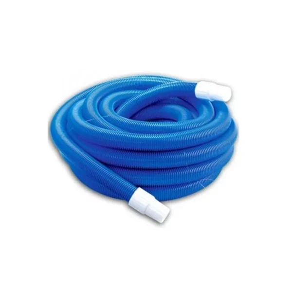 A blue hose with white ends is rolled up.