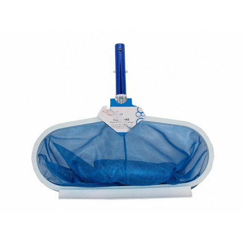 A blue and white cleaning mop with a mesh bag.