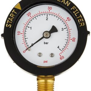 A black and gold air pressure gauge with red numbers.