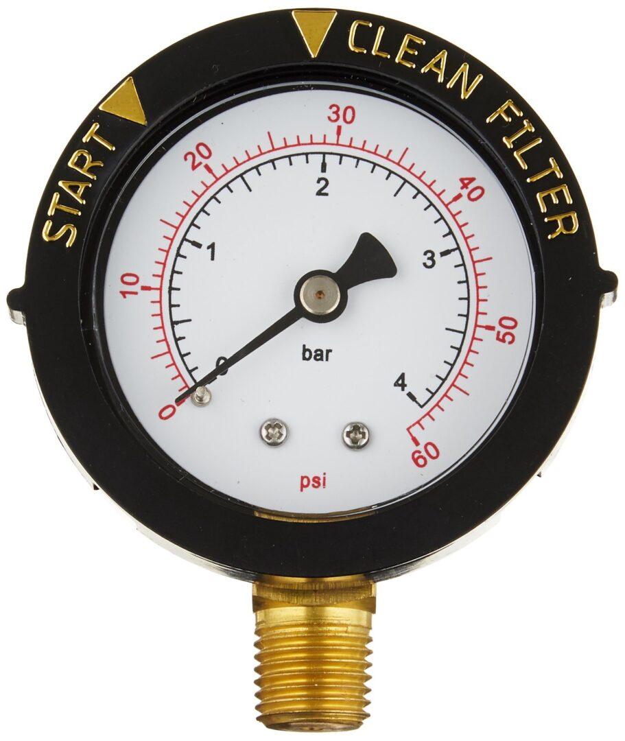 A black and gold air pressure gauge with red numbers.