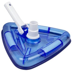 A blue triangle shaped pool cleaner with a white handle.