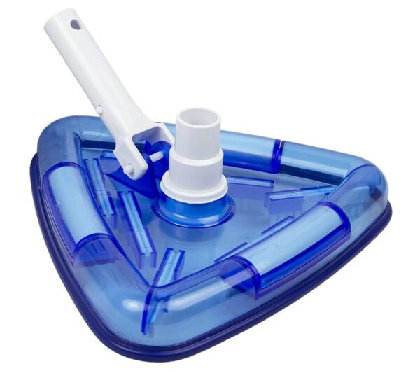 A blue triangle shaped pool cleaner with a white handle.