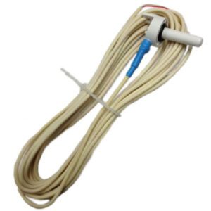 A white cord with blue and red wire on top of it.