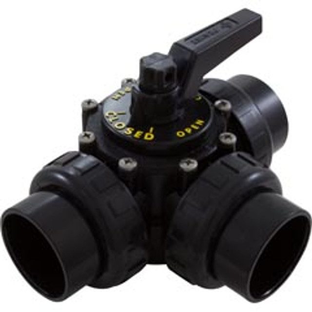 A black three way valve with the handle turned on.